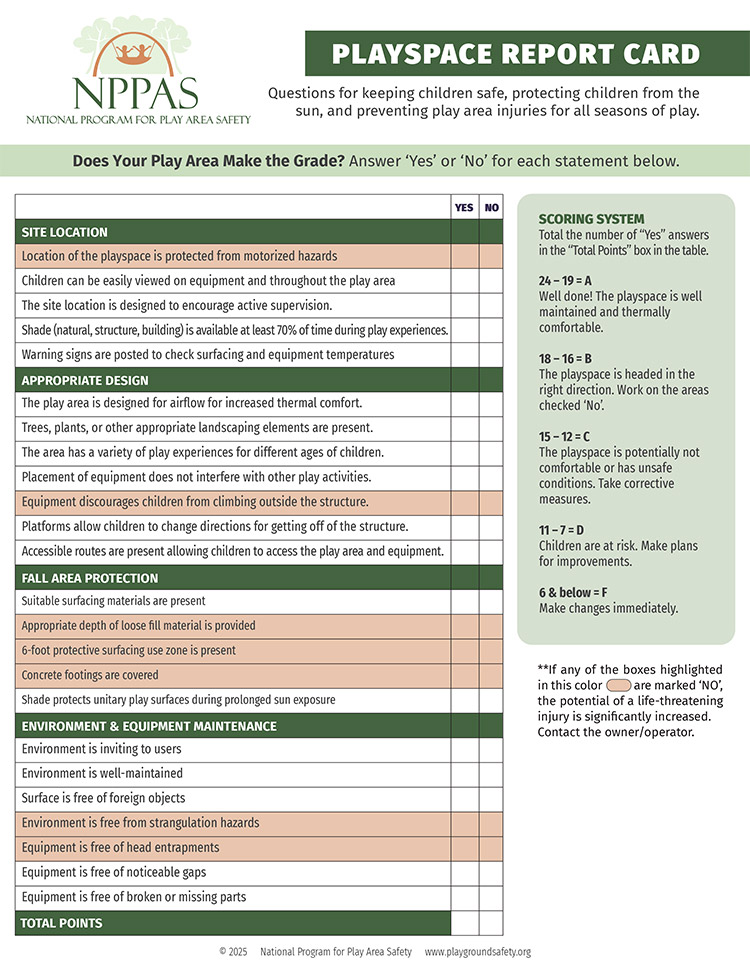 NPPAS - S.A.F.E. Playgrounds Report Card Imperial Measurements Image